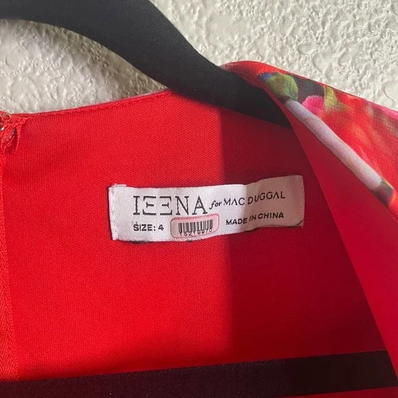 Ieena for MacDuggal 4 Puff Sleeve Shift Dress Red Floral Side Slit V Neck - Picture 7 of 9